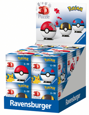 Ravensburger 3D Puzzle 94617 – 12er Verkaufskassette Pokémon Pokéballs – 3 Motive – 54 Teile – für Pokémon Fans ab 6 Jahren