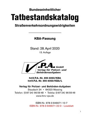 13. Ergänzung zum Bundeseinheitlichen Tatbestandskatalog, KBA-Langfassung, Stand 04/2020 von V.P.A. GmbH