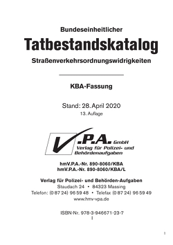 13. Ergänzungslieferung zum Bundeseinheitlicher Tatbestandskatalog, KBA-Fassung, DIN A 5, Loseblatt-Werk von V.P.A. GmbH