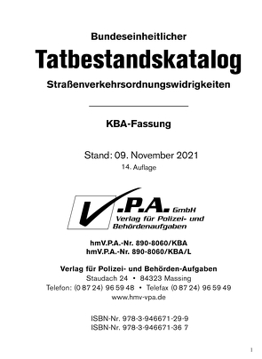 14. Ergänzung zum Bundeseinheitlichen Tatbestandskatalog, KBA-Langfassung, Stand 09. November 2021 von V.P.A. GmbH