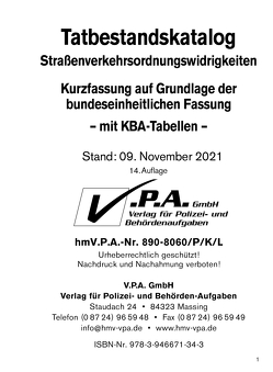 14. Ergänzungslieferung Bundeseinheitlichen Tatbestandskatalog Kurzfassung incl. KBA-Tabellen, Stand 09 November von V.P.A. GmbH
