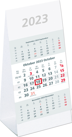 3-Monats-Aufstellkalender 2023 – 10,5×21 cm – 3 Monate auf 1 Seite – mit Kopftafel und Datumsschieber – Mehrmonatskalender – 980-0000