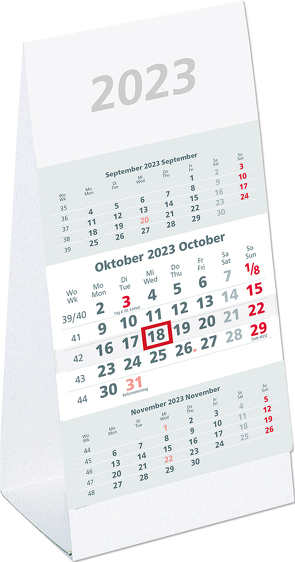 3-Monats-Aufstellkalender 2023 – 10,5×21 cm – 3 Monate auf 1 Seite – mit Kopftafel und Datumsschieber – Mehrmonatskalender – 980-0000