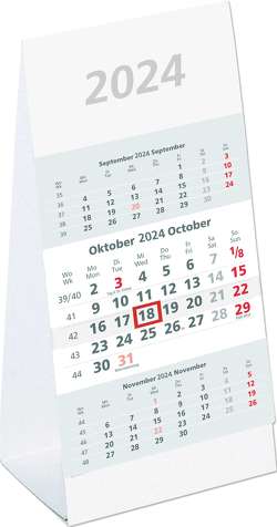 3-Monats-Aufstellkalender 2024 – 10,5×21 cm – 3 Monate auf 1 Seite – mit Kopftafel und Datumsschieber – Mehrmonatskalender – 980-0000