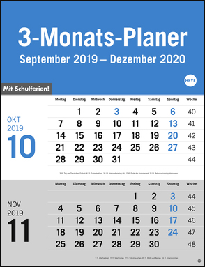 3-Monats-Planer, grau Kalender 2020 von Heye