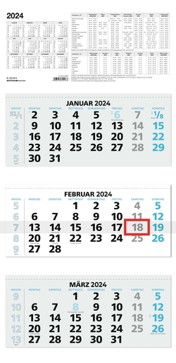 3-Monatskalender 2024 – 33,5×71 blau – mit Kopftafel – Datumsschieber – 5 sprachig – 3 Blöcke – 953-0015