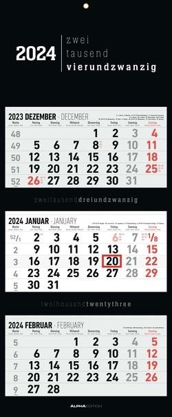 3-Monatskalender Black 2024 – Büro-Kalender 33×20 cm (geschlossen), 33×80 cm (geöffnet) – faltbar – mit Datumsschieber – Alpha Edition
