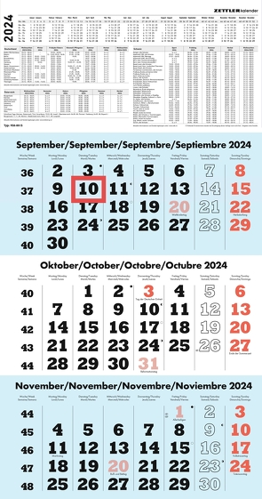 3-Monatskalender blau 2024 – 33×58,8 – mit Kopftafel – Datumsschieber – 958-0015