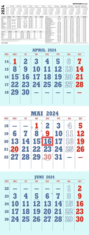 3-Monatskalender blau/rot 2024 – 29,7×78 – mit Kopftafel – gefaltet – Datumsschieber – 952-0000