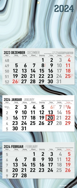 3-Monatskalender Design 2024 – Büro-Kalender 33×20 cm (geschlossen), 33×80 cm (geöffnet) – faltbar – mit Datumsschieber – Alpha Edition