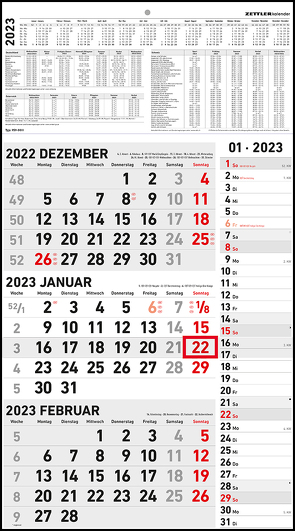 3-Monatskalender Kombi 2023 – Büro-Kalender 33×58,8 cm (geöffnet) mit Datumsschieber – Zettler – 957-0011