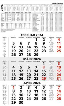 3-Monatskalender schwarz/rot 2024 – 29,7×48,8 – mit Kopftafel – Datumsschieber – 956-0000