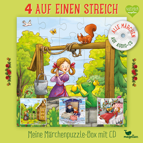 4 auf einen Streich – Meine Märchenpuzzle-Box mit CD von Lauber,  Larisa, Reh,  Rusalka