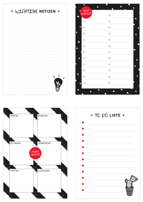 4 Blöcke im Set in schwarz-weiß, inkl. Einkaufsliste, Notizblock, ToDo-Liste und Wochenplaner. von Heisenberg,  Sophie