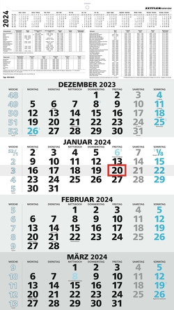 4-Monatskalender blau 2024 – 33×58,8 – mit Kopftafel – Datumsschieber – 959-0015-1
