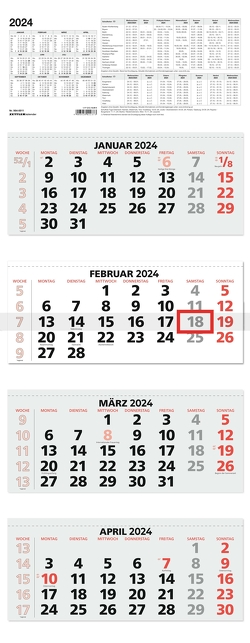 4-Monatskalender rot 2024 – 33,5×87,5 – mit Kopftafel – Datumsschieber – faltbar – 964-0011