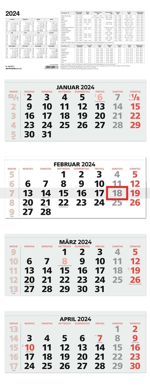 4-Monatskalender rot 2024 – 33,5×87,5 – mit Kopftafel – Datumsschieber – faltbar – 964-0011