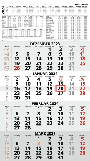 4-Monatskalender rot 2024 – 33×58,8 – mit Kopftafel – Datumsschieber- 959-0011-1