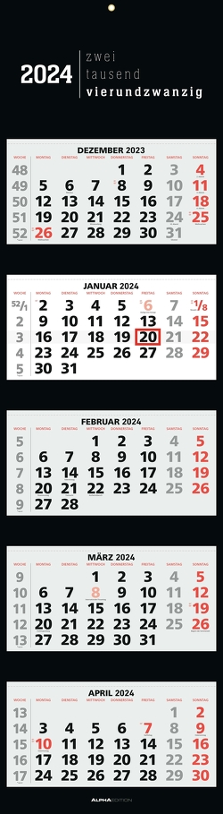 5-Monatskalender Black 2024 – Büro-Kalender 33×20 cm (geschlossen), 33×120 (geöffnet) – faltbar – mit Datumsschieber – Alpha Edition