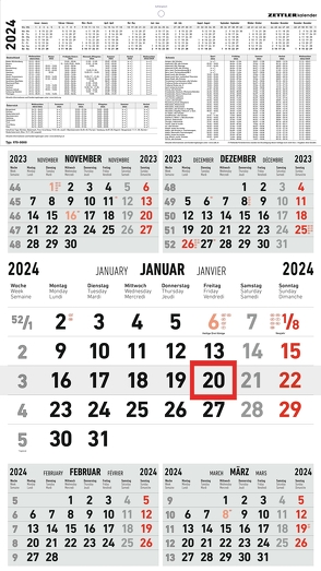 5-Monatskalender rot 2024 – 33×58,8 – mit Kopftafel – Datumsschieber – 970-0000