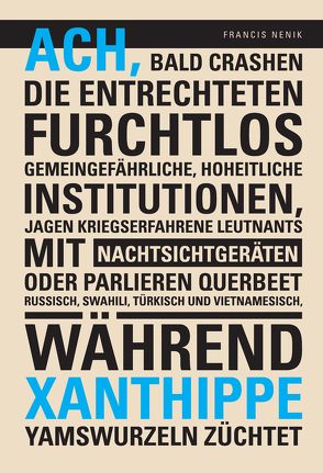 Ach, bald crashen die Entrechteten furchtlos gemeingefährliche, hoheitliche Institutionen, jagen kriegserfahrene Leutnants mit Nachtsichtgeräten oder parlieren querbeet Russisch, Swahili, Türkisch und Vietnamesisch, während Xanthippe Yamswurzeln züchtet von Kirschner,  Halina, Nenik,  Francis