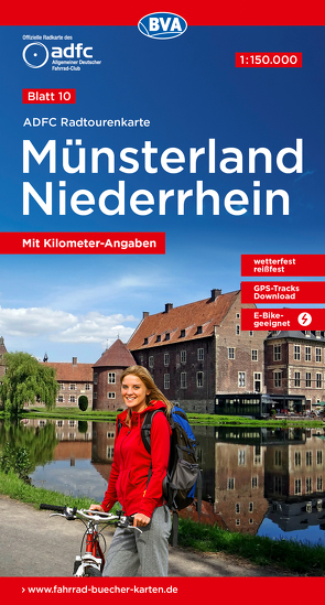 ADFC-Radtourenkarte 10 Münsterland Niederrhein 1:150.000, reiß- und wetterfest, E-Bike geeignet, GPS-Tracks Download, mit Bett+Bike-Symbolen, mit Kilometer-Angaben
