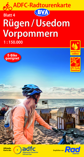 ADFC-Radtourenkarte 4 Rügen/Usedom Vorpommern 1:150.000, reiß- und wetterfest, E-Bike geeignet, GPS-Tracks Download