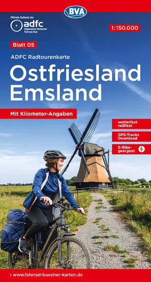 ADFC-Radtourenkarte 5 Ostfriesland / Emsland 1:150.000, reiß- und wetterfest, E-Bike geeignet, GPS-Tracks Download, mit Bett+Bike-Symbolen, mit Kilometer-Angaben