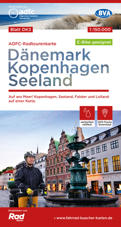 ADFC-Radtourenkarte DK3 Dänemark/Kopenhagen/Seeland 1:150.000, reiß- und wetterfest, E-Bike geeignet, mit GPS-Tracks Download, mit Bett+Bike Symbolen, mit Kilometer-Angaben