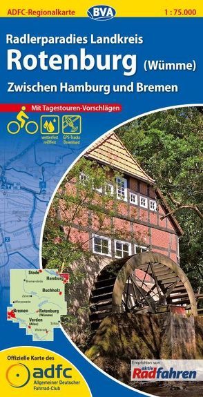 ADFC-Regionalkarte Radlerparadies Landkreis Rotenburg (Wümme), 1:75.000, mit Tagestourenvorschlägen, reiß- und wetterfest, E-Bike-geeignet, GPS-Tracks Download