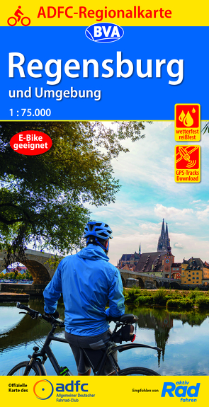 ADFC-Regionalkarte Regensburg und Umgebung, 1:75.000, mit Tagestourenvorschlägen, reiß- und wetterfest, E-Bike-geeignet, GPS-Tracks Download