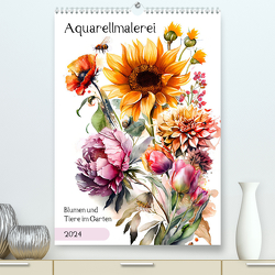Aquarellmalerei – Blumen und Tiere im Garten (hochwertiger Premium Wandkalender 2024 DIN A2 hoch), Kunstdruck in Hochglanz von Frost,  Anja