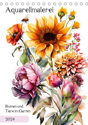 Aquarellmalerei – Blumen und Tiere im Garten (Tischkalender 2024 DIN A5 hoch), CALVENDO Monatskalender von Frost,  Anja
