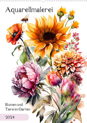 Aquarellmalerei – Blumen und Tiere im Garten (Wandkalender 2024 DIN A2 hoch), CALVENDO Monatskalender von Frost,  Anja