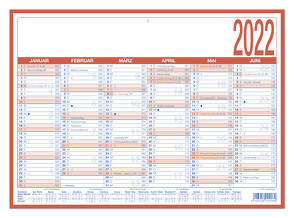 Arbeitstagekalender 2022 – A4 (29 x 21 cm) – 6 Monate auf 1 Seite – Tafelkalender – auf Pappe kaschiert – Jahresplaner – 908-1315