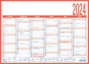 Arbeitstagekalender 2024 – A4 (29 x 21 cm) – 6 Monate auf 1 Seite – Tafelkalender – auf Pappe kaschiert – Jahresplaner – 908-1315