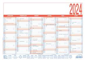Arbeitstagekalender blau/rot 2024 – A4 (29,7 x 21 cm) – 6 Monate auf 1 Seite – Tafelkalender – Plakatkalender – Jahresplaner – 910-0015