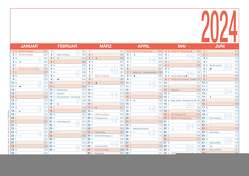 Arbeitstagekalender blau/rot 2024 – A4 (29,7 x 21 cm) – 6 Monate auf 1 Seite – Tafelkalender – Plakatkalender – Jahresplaner – 910-0015