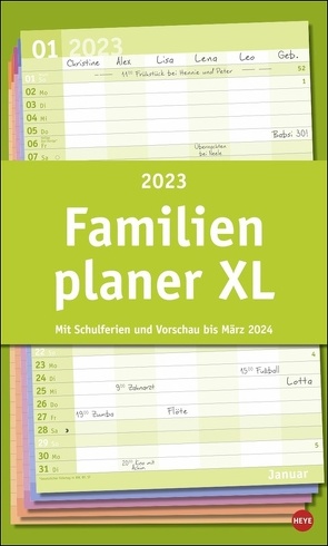 Basic Familienplaner XL 2023. Familienkalender mit 6 Spalten. Praktischer Familien-Wandkalender mit Schulferien. Extra breiter Terminkalender. 27×45 cm. von Heye