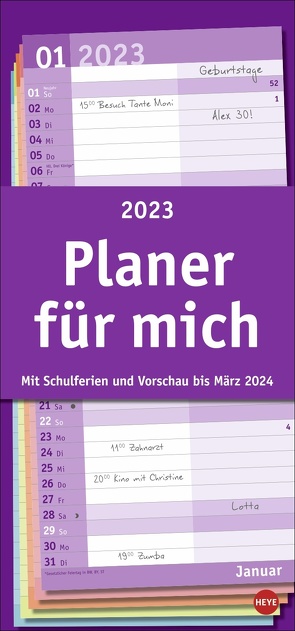 Basic Planer für mich 2023. Praktischer Wandplaner mit 2 Spalten. Wandkalender mit Schulferien und 3-Monats-Ausblick. Terminkalender 2023 zum Eintragen von Heye