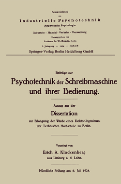 Beiträge zur Psychotechnik der Schreibmaschine und ihrer Bedienung von Klockenberg,  Erich Alexander