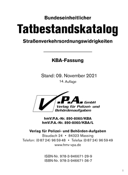 Bundeseinheitlichen Tatbestandskatalog, KBA-Langfassung, Stand 09. November 2021 von V.P.A. GmbH