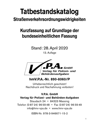 Bundeseinheitlicher Tatbestandskatalog – Polizeifassung, Stand April 2020, Loseblatt von V.P.A. GmbH