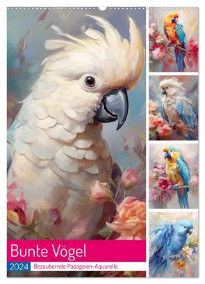 Bunte Vögel. Bezaubernde Papageien-Aquarelle (Wandkalender 2024 DIN A2 hoch), CALVENDO Monatskalender von Hurley,  Rose