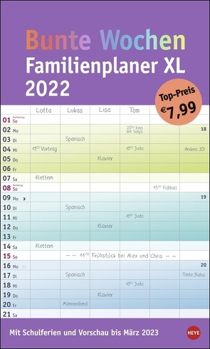 Bunte Wochen Familienplaner XL Kalender 2022 von Heye