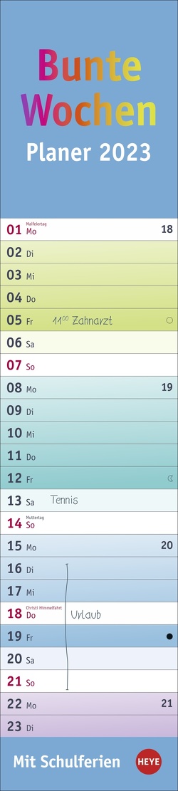 Bunte Wochen Langplaner 2023. Praktischer Streifenkalender fürs Büro. Wandkalender mit Schulferien und 3-Monats-Ausblick. Terminkalender 2023 zum Eintragen von Heye