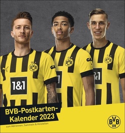 BVB Postkartenkalender 2023. Kleiner Kalender für große Fans: Die Stars von Borussia Dortmund in einem Tischkalender zum Aufstellen. Jeden Monat eine Spieler-Postkarte. von Heye