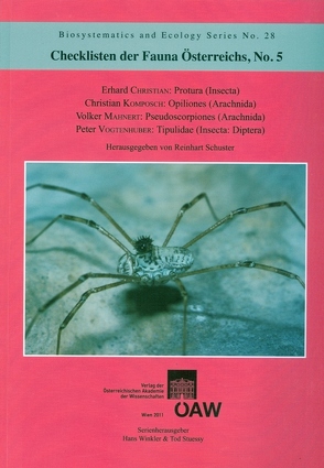 Checklisten der Fauna Österreichs, No.5 Protura (Insecta), Opiliones (Arachnida), Pseudoscorpiones (Arachnida), Tipulidae (Insecta: Diptera) von Schuster,  Reinhart