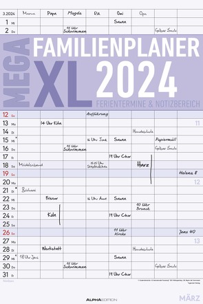 Der MEGA-Familienplaner XL 2024 mit 8 Spalten – Familien-Timer 33×49,5 cm – Offset-Papier – mit Ferienterminen – Wand-Planer – Alpha Edition