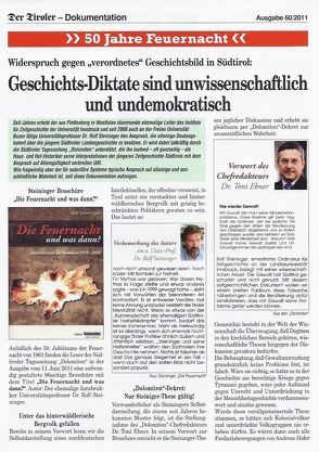Der Tiroler -Dokumentation: Geschichts-Diktate sind unwissenschaftlich und undemokratisch!  Widerspruch gegen  ein „verordnetes“ Geschichtsbild in Südtirol Gegen „verordnetes Geschichtsbild in Südtirol